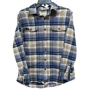 Grove & Hollow Men's Medium Blue Brown Plaid Flannel Button Up Shirt Long Sleeve